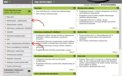 Panel Ubezpieczonego ZUS Anny Kowalskiej, zakładka "Ubezpieczony" pokazuje dane o składkach, świadczeniach i programach jak Rodzina 500+.