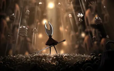 Hornet, bohaterka Hollow Knight: Silksong, stoi na tle tłumu i unoszących się postaci.