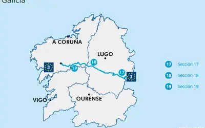 Mapa de Galicia con la ruta EuroVelo 3 atravesando A Coruña, Lugo y Ourense, con secciones 17, 18 y 19 marcadas.