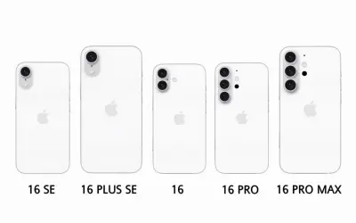 Porównanie modeli iPhone 16: SE, Plus SE, 16, Pro i Pro Max. Różnice w wymiarach i układzie aparatów.