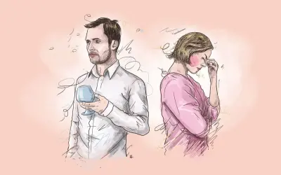 Ilustracja pary: mężczyzna z kieliszkiem, kobieta z ręką na czole, na tle w kolorze brzoskwiniowym.