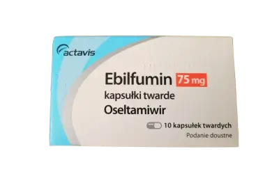 Opakowanie leku Ebilfumin 75 mg, zawierającego oseltamiwir. 10 kapsułek twardych do podania doustnego.