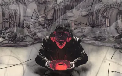 Mężczyzna w słuchawkach trzyma świecącą płytę. Tło sugeruje świat Disco Elysium 2, pełen mechanizmów i abstrakcyjnych form.