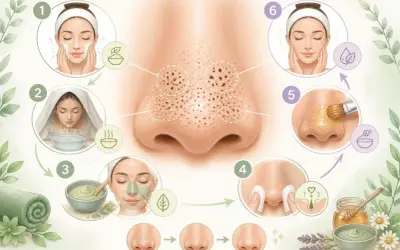 Étapes pour l'extraction de gros points noirs sur le nez : nettoyage, vapeur, masque, extraction douce, application de miel et soin final.