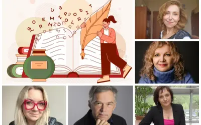 Ilustracja z otwartą księgą i piórem, obok portrety kobiet i mężczyzny. Moim zdaniem to panel dyskusyjny.