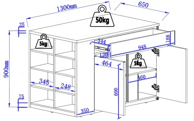Schéma technique d'un îlot central de cuisine. Dimensions : 1300x650x900mm. Charge max 50kg.