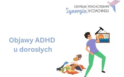 Czy ADHD to choroba psychiczna? Mężczyzna z młotkiem próbuje powiesić obraz, obok stos ubrań i przewrócony kubek.