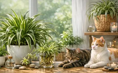 Deux chats se prélassent près de plantes d'intérieur, dont un chlorophytum, connu pour être non toxique pour les chats.