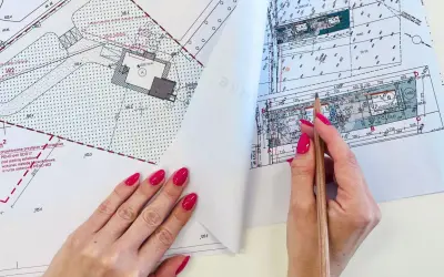 Ręce z różowym lakierem przeglądają mapę do celów projektowych, zaznaczając ołówkiem szczegóły.