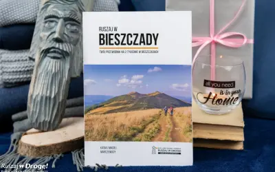 Przewodnik po Bieszczadach, które są częścią Karpat Wschodnich. Na okładce widnieje zdjęcie szlaku górskiego i para turystów.