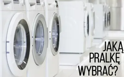 Rząd białych pralek, jedna z otwartymi drzwiczkami. Tekst: "Jaka pralkę wybrać?". Podpowiadamy, na co zwrócić uwagę przy zakupie pralki.