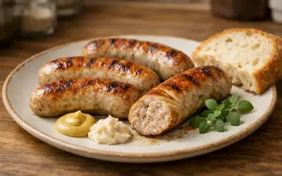 Soczysta kiełbasa z airfryer, idealnie przypieczona, podana z chlebem, musztardą i chrzanem. Pyszny obiad gotowy w mgnieniu oka!