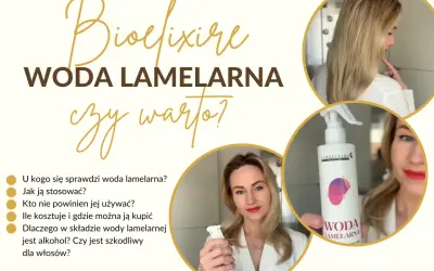 Woda lamelarna Bioélixire: poznaj jej efekty, zastosowanie i skład. Kobieta prezentuje produkt i odpowiada na pytania dotyczące pielęgnacji włosów.