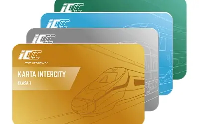 Karta Intercity Klasa 1 w kolorze złotym, z widokiem pociągu. Dostępne też inne kolory. Sprawdź kartę Intercity cena!