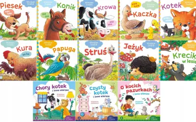 Okładki książek z wierszami o zwierzętach. Na jednej z nich chory kotek leży w łóżku, a piesek-lekarz go bada.