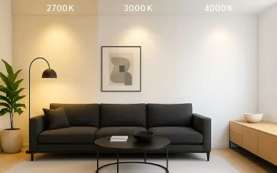 Salon z kanapą i stolikiem, gdzie widać różną barwę światła: ciepłą 2700K, neutralną 3000K i zimną 4000K.
