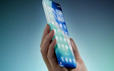Dłoń trzyma futurystyczny iPhone 19 Pro Max z ekranem wypełnionym ikonami aplikacji.
