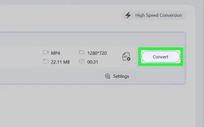 nsv. A video file, MP4, 22.11 MB, 1280x720 resolution, 00:31 duration, is ready to convert.