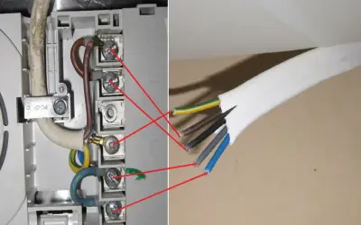 Podłączenie kabla do indukcji: przewody fazowe, neutralny i ochronny podłączone do zacisków. Jaki kabel do indukcji? Ten z pięcioma żyłami.