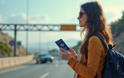 Kobieta z paszportem zastanawia się, czy Cypr jest w strefie Schengen, stojąc przy drodze z plecakiem.