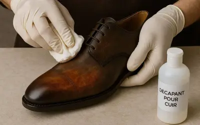 Mains gantées appliquant un produit pour nourrir chaussure cuir naturellement. Un flacon de décapant pour cuir est à côté.