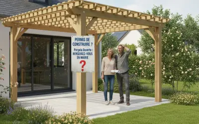 Un couple perplexe devant un panneau "Permis de construire ? Pergola Ouverte : Renseignez-vous en mairie". Le plan de masse de la pergola est visible.