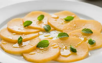 Carpaccio de melon frais, arrosé d'un filet de miel et garni de feuilles de menthe, sur une assiette blanche.