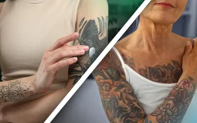 Brazos con tatuajes, uno con diseño chicano de ave y otro con flores vibrantes.