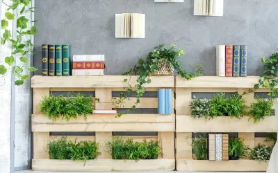 Scaffali in pallet con piante e libri, perfetti per idee per abbellire casa fai da te.