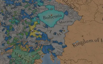 Mapa Europy z gry strategicznej, widoczne państwa jak Czechy, Austria, Bawaria. Widać nazwy miast, np. München. To fragment rozgrywki z eu4 commands.