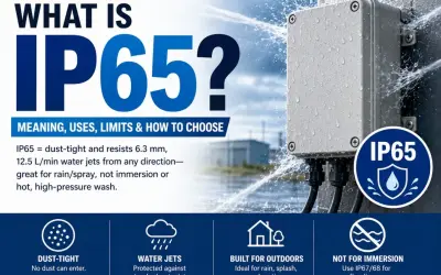 Boîtier étanche IP65 sous jets d'eau. Comparez IP65 vs IP67 pour savoir si l'immersion est possible.