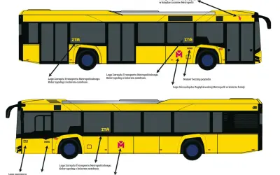 Żółty autobus z oznaczeniami linii. Widoczny numer boczny pojazdu, logo ZTM i Metropolii.