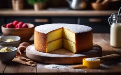 Gâteau génoise aérien, saupoudré de sucre glace, prêt à être garni. Les ingrédients pour cette recette genoise sont à proximité : framboises, œufs, lait.