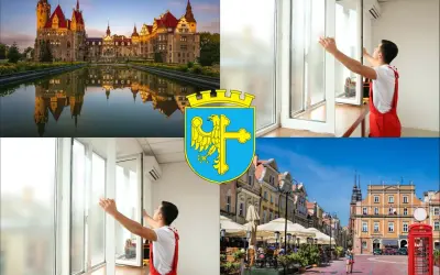 Kolaż: zamek, montaż okien, herb Opola, rynek z kawiarniami.