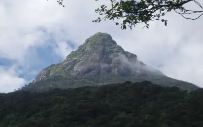 Adams Peak reser sig majestätiskt, klädd i grönska och omfamnad av moln.