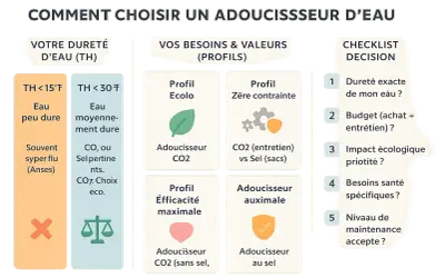 Guide pour choisir quel adoucisseur d'eau pour 4 personnes : dureté de l'eau, profils (écolo, zéro contrainte, efficacité max, maximal), et checklist décision.