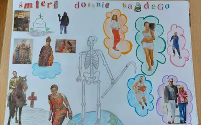 Szkielet z kosą, symbol danse macabre, otoczony ludźmi w różnym wieku i zawodach, od rycerza po sportowców i starszą parę.
