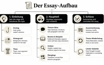 Schema zum Aufbau eines Essays: Einleitung, Hauptteil mit Analyse, Schluss. Hilft beim Analyse schreiben Englisch.