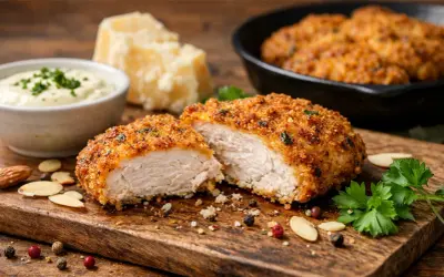 Panierowany kotlet z kurczaka przekrojony na pół, podany z sosem, serem i migdałami.
