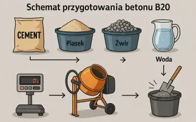 Schemat przygotowania betonu B20: cement, piasek, żwir i woda trafiają do betoniarki.