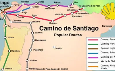Mapa szlaków Camino de Santiago. Fioletowa linia oznacza Camino del Norte, prowadzącą przez Santander i Bilbao do Santiago.