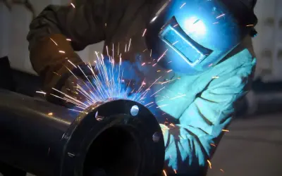 Spawanie żeliwa: iskry sypią się podczas precyzyjnej pracy spawacza w masce ochronnej, łączącego metalowe elementy.