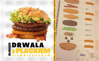 Burger Drwala z Plackiem Ziemniaczanym, z podwójnym mięsem, bekonem i chrupiącą cebulką.