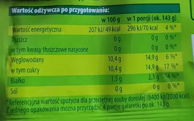 Tabela wartości odżywczych galaretki: 1 porcja (ok. 143 g) ma 70 kcal. Opakowanie zawiera 4 porcje.