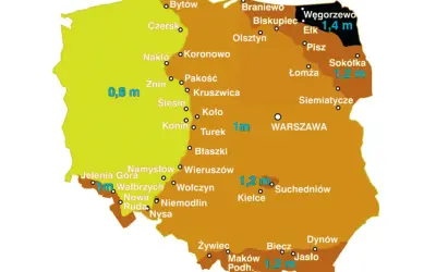 Mapa Polski z zaznaczonymi strefami przemarzania gruntu. Wartości od 0,8 m do 1,4 m pokazują głębokość przemarzania.