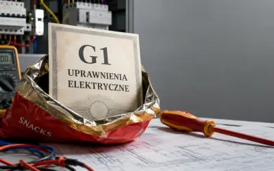 Certyfikat "G1 Uprawnienia Elektryczne" w paczce chipsów, obok multimetru i śrubokręta, symbolizuje łatwy dostęp do wiedzy i narzędzi dla elektryków.