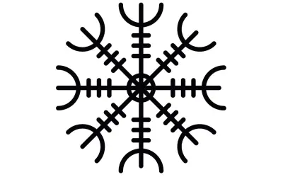 En svart, stiliserad bild av en kompassros, en av de mest kända fornnordiska symbolerna. Den ser ut som en stjärna med åtta spetsar, där varje spets har en unik form.
