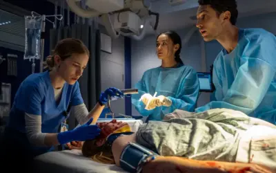 Trzej lekarze w niebieskich fartuchach ratują pacjenta na stole operacyjnym. Dlaczego popularny serial medyczny ma zakaz nagrywania w prawdziwych szpitalach?