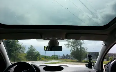 Widok przez panoramiczny dach samochodu. Krople deszczu na szybie, droga i drzewa w tle.
