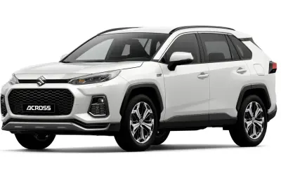 Biały Suzuki Across z czarną atrapą chłodnicy i napisem "ACROSS". Stylowy SUV gotowy na każdą podróż.